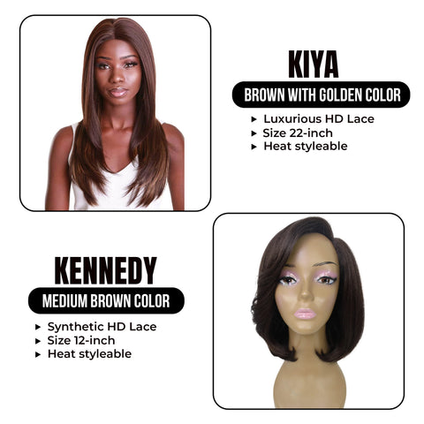 Get the best combo! Kiya ,22-inch Long Bob Synthetic HD Lace Wig and Kennedy,12-inch Mixed Hair Side-parted HD Lace Wig