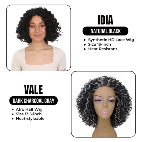 Nice Combo for you! Idia,13-inch Textured Bob Synthetic HD Lace Wig with Vale, 13.5-inch Mixed Hair Afro Half Wig