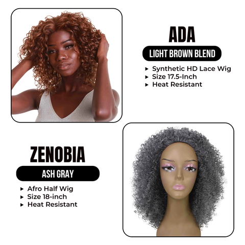 Bundle Deal: Ada,17.5-inch Curly Bob Lace Wig and Zenobia, 18-inch Mixed Hair Afro Half Wig