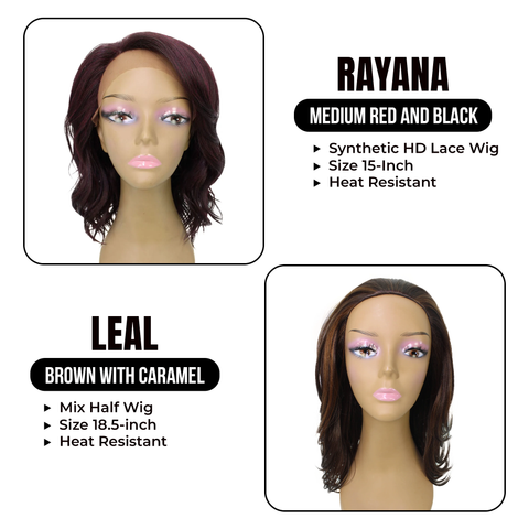 Twin Curly Short Wig Set: Rayana , 15-inch Light Shag Bob Synthetic HD Lace Wig and Leal, 18.5-inch Short Celebrity-style Mixed Hair Half Wig