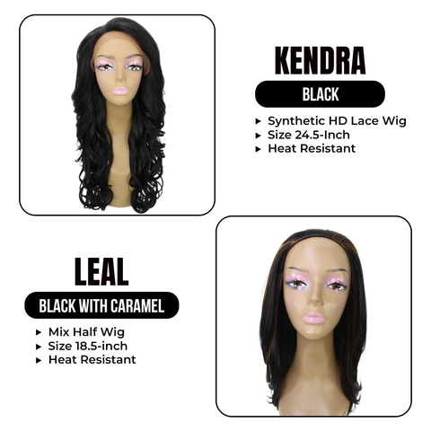 Double Delight: Kendra, 24.5-inch Wavy Synthetic HD Lace Wig and Leal , 18.5-inch Short Celebrity-style Mixed Hair Half Wig