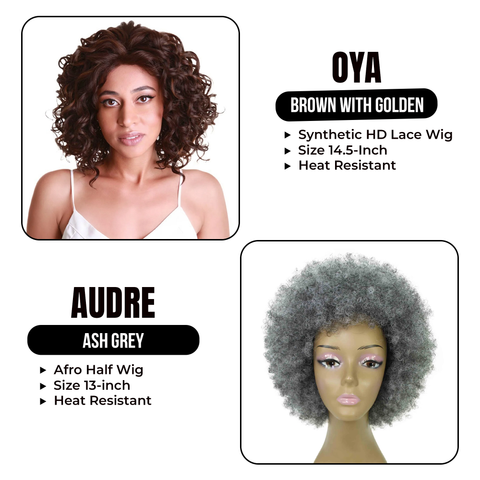 Double Style:Oya,14.5-inch Angled Bob Synthetic HD Lace Wig and Audre, 13-inch Mixed Synthetic Afro Half Wig