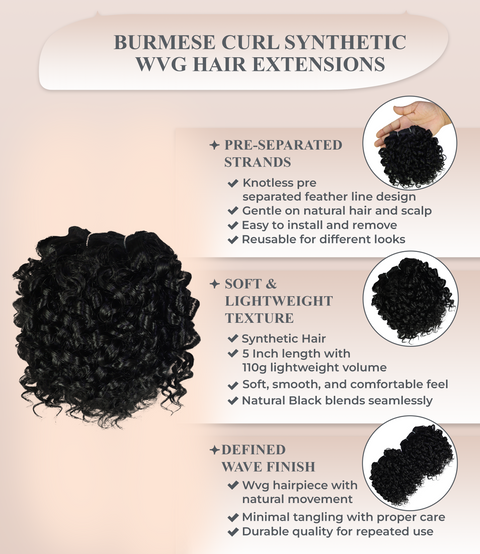 LUXLUXE Burmese Curl Synthetic Hair Extension – 5 Inch Dense Curly Weft Style 110g for Women Textured Styling