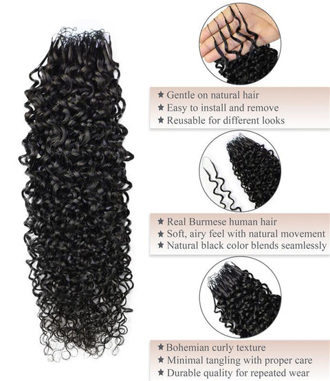 LUXLUXE Burmese Bohemian Real Human Crochet Curly Hair Extensions 40 Strands - Natural & Natural Black 14 16 & 18 Inch with weights 40g 45g & 50g Knotless Pre Separated Feather Line Lightweight Texture Curls Hairpiece for Women