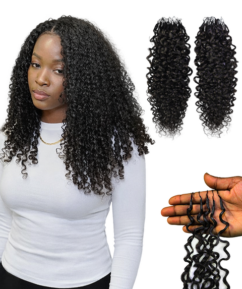 LUXLUXE Burmese Bohemian Real Human Crochet Curly Hair Extensions 40 Strands - Natural & Natural Black 14 16 & 18 Inch with weights 40g 45g & 50g Knotless Pre Separated Feather Line Lightweight Texture Curls Hairpiece for Women