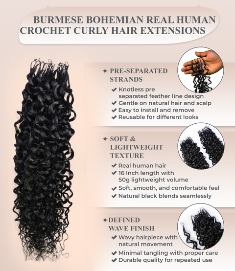LUXLUXE Burmese Bohemian Real Human Crochet Curly Hair Extensions 40 Strands - Natural & Natural Black 14 16 & 18 Inch with weights 40g 45g & 50g Knotless Pre Separated Feather Line Lightweight Texture Curls Hairpiece for Women