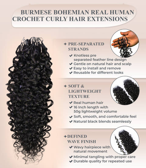 LUXLUXE Burmese Bohemian Real Human Crochet Curly Hair Extensions 40 Strands - Natural & Natural Black 14 16 & 18 Inch with weights 40g 45g & 50g Knotless Pre Separated Feather Line Lightweight Texture Curls Hairpiece for Women