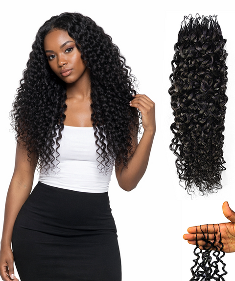 LUXLUXE Burmese Bohemian Real Human Crochet Curly Hair Extensions 40 Strands - Natural & Natural Black 14 16 & 18 Inch with weights 40g 45g & 50g Knotless Pre Separated Feather Line Lightweight Texture Curls Hairpiece for Women