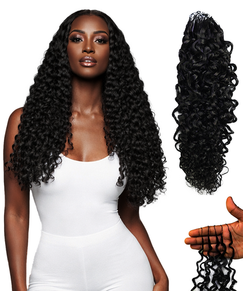 LUXLUXE Burmese Bohemian Real Human Crochet Curly Hair Extensions 40 Strands - Natural & Natural Black 14 16 & 18 Inch with weights 40g 45g & 50g Knotless Pre Separated Feather Line Lightweight Texture Curls Hairpiece for Women