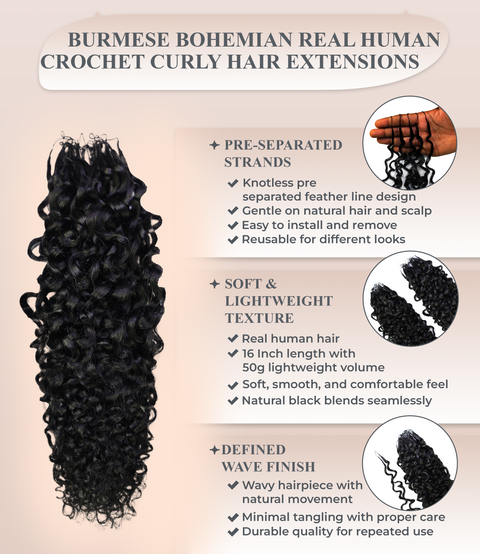 LUXLUXE Burmese Bohemian Real Human Crochet Curly Hair Extensions 40 Strands - Natural & Natural Black 14 16 & 18 Inch with weights 40g 45g & 50g Knotless Pre Separated Feather Line Lightweight Texture Curls Hairpiece for Women