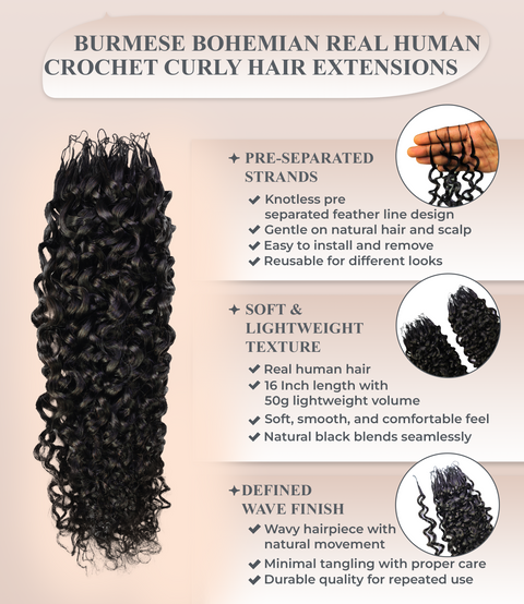 LUXLUXE Burmese Bohemian Real Human Crochet Curly Hair Extensions 40 Strands - Natural & Natural Black 14 16 & 18 Inch with weights 40g 45g & 50g Knotless Pre Separated Feather Line Lightweight Texture Curls Hairpiece for Women