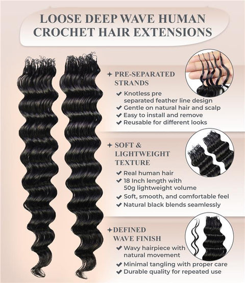 LUXLUXE Loose Deep Real Human Crochet Hair Extensions 40 Strands - Natural  & Natural Black 14 16 & 18 Inch with weights 40g 45g & 50g Knotless Pre Separated Feather Line Lightweight Texture Wavy Hairpiece for Women