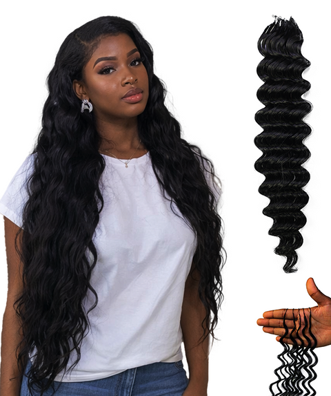 LUXLUXE Deep Wave Real Human Crochet Hair Extensions 40 Strands - Natural  & Natural Black 14 16 & 18 Inch with weights 40g 45g & 50g Knotless Pre Separated Feather Wavy Hairpiece for Women