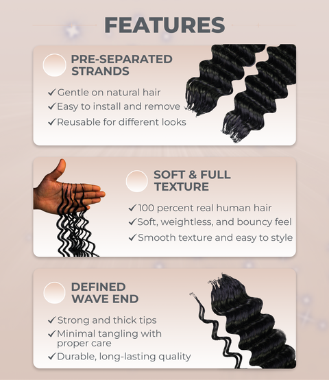 LUXLUXE Deep Wave Real Human Crochet Hair Extensions 40 Strands - Natural  & Natural Black 14 16 & 18 Inch with weights 40g 45g & 50g Knotless Pre Separated Feather Wavy Hairpiece for Women