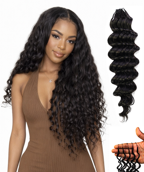 LUXLUXE Deep Wave Real Human Crochet Hair Extensions 40 Strands - Natural  & Natural Black 14 16 & 18 Inch with weights 40g 45g & 50g Knotless Pre Separated Feather Wavy Hairpiece for Women