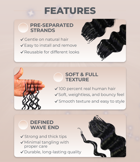 LUXLUXE Deep Wave Real Human Crochet Hair Extensions 40 Strands - Natural  & Natural Black 14 16 & 18 Inch with weights 40g 45g & 50g Knotless Pre Separated Feather Wavy Hairpiece for Women