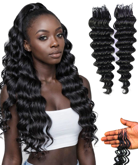 LUXLUXE Deep Wave Real Human Crochet Hair Extensions 40 Strands - Natural  & Natural Black 14 16 & 18 Inch with weights 40g 45g & 50g Knotless Pre Separated Feather Wavy Hairpiece for Women