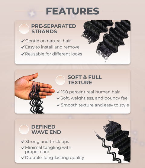 LUXLUXE Deep Wave Real Human Crochet Hair Extensions 40 Strands - Natural  & Natural Black 14 16 & 18 Inch with weights 40g 45g & 50g Knotless Pre Separated Feather Wavy Hairpiece for Women