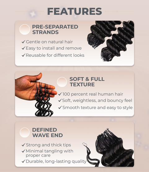 LUXLUXE Deep Wave Real Human Crochet Hair Extensions 40 Strands - Natural  & Natural Black 14 16 & 18 Inch with weights 40g 45g & 50g Knotless Pre Separated Feather Wavy Hairpiece for Women