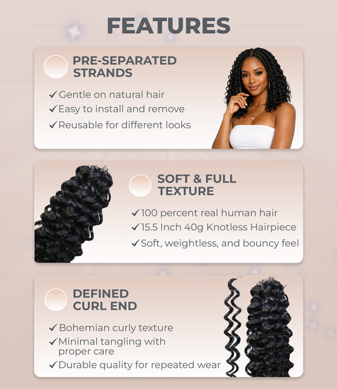 LUXLUXE Water Wave Braids Pre Looped Long Human Hair Extensions 40 Strands - Natural & Natural Black 14,16 & 18 Inch with weights 40g 45g & 50g Deep Curly Feather Braiding Hairpiece