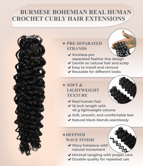 LUXLUXE Water Wave Braids Pre Looped Long Human Hair Extensions 40 Strands - Natural & Natural Black 14,16 & 18 Inch with weights 40g 45g & 50g Deep Curly Feather Braiding Hairpiece