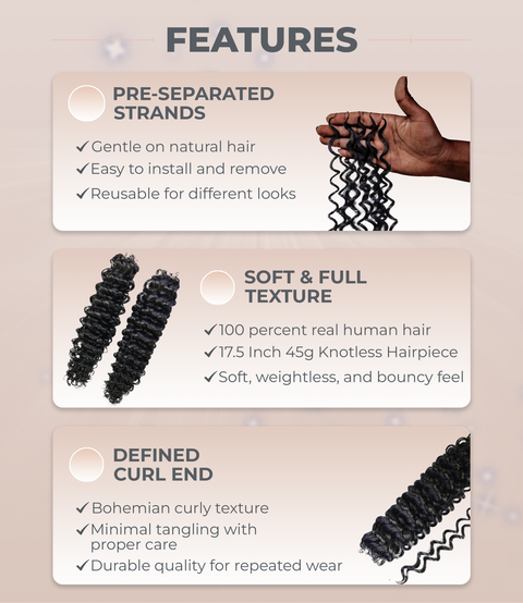 LUXLUXE Water Wave Braids Pre Looped Long Human Hair Extensions 40 Strands - Natural & Natural Black 14,16 & 18 Inch with weights 40g 45g & 50g Deep Curly Feather Braiding Hairpiece