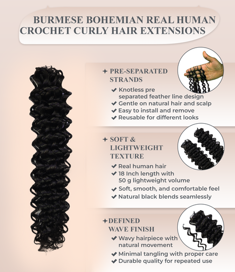 LUXLUXE Water Wave Braids Pre Looped Long Human Hair Extensions 40 Strands - Natural & Natural Black 14,16 & 18 Inch with weights 40g 45g & 50g Deep Curly Feather Braiding Hairpiece