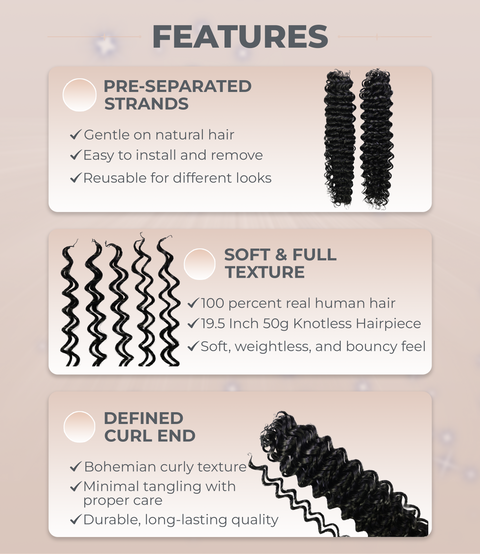LUXLUXE Water Wave Braids Pre Looped Long Human Hair Extensions 40 Strands - Natural & Natural Black 14,16 & 18 Inch with weights 40g 45g & 50g Deep Curly Feather Braiding Hairpiece
