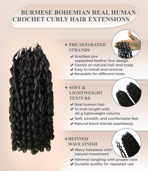 LUXLUXE Knotless Pixie Curly Raw Crochet Natural Human Hair Extensions - 14" 40g 16" 45g & 18" 50g Pre Separated 40 Strands Feather Hairpiece for Women
