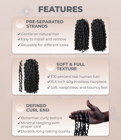 LUXLUXE Knotless Pixie Curly Raw Crochet Natural Human Hair Extensions - 14" 40g 16" 45g & 18" 50g Pre Separated 40 Strands Feather Hairpiece for Women