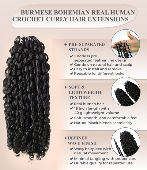 LUXLUXE Knotless Pixie Curly Raw Crochet Natural Human Hair Extensions - 14" 40g 16" 45g & 18" 50g Pre Separated 40 Strands Feather Hairpiece for Women