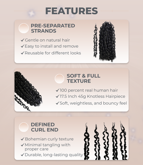 LUXLUXE Knotless Pixie Curly Raw Crochet Natural Human Hair Extensions - 14" 40g 16" 45g & 18" 50g Pre Separated 40 Strands Feather Hairpiece for Women