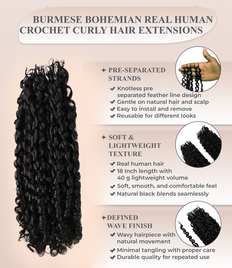 LUXLUXE Knotless Pixie Curly Raw Crochet Natural Human Hair Extensions - 14" 40g 16" 45g & 18" 50g Pre Separated 40 Strands Feather Hairpiece for Women