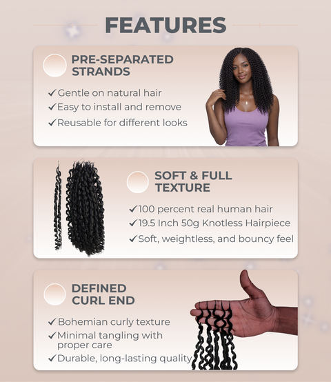 LUXLUXE Knotless Pixie Curly Raw Crochet Natural Human Hair Extensions - 14" 40g 16" 45g & 18" 50g Pre Separated 40 Strands Feather Hairpiece for Women