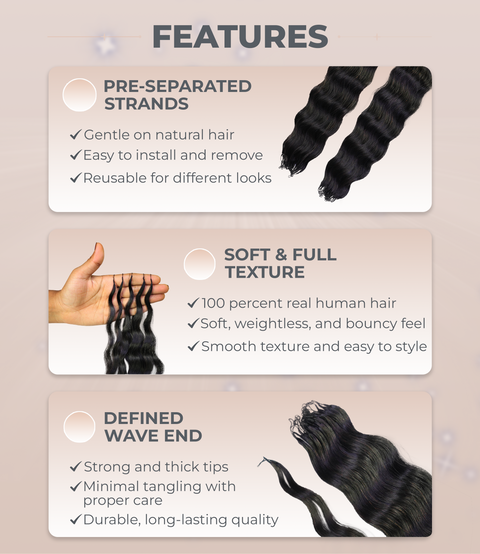 LUXLUXE Knotless Wet & Wavy Crochet Human Hair Extensions - Natural Black 14" 40g 16" 45g & 18" 50g Pre Separated 40 Strands Feather Hairpiece With String In The Middle Braid