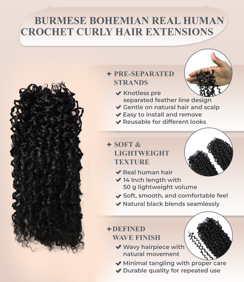 LUXLUXE Knotless Micro Yanky Curly Pre Looped Crochet Human Hair Extensions - Natural Black 14" 40g 16" 45g & 18" 50g Pre Separated 40 Strands Feather Protective Style
