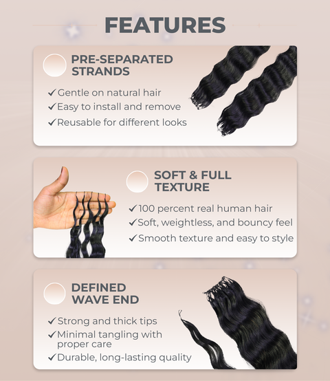 LUXLUXE Knotless Wet & Wavy Crochet Human Hair Extensions - Natural Black 14" 40g 16" 45g & 18" 50g Pre Separated 40 Strands Feather Hairpiece With String In The Middle Braid
