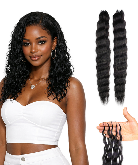 LUXLUXE Knotless Wet & Wavy Crochet Human Hair Extensions - Natural Black 14" 40g 16" 45g & 18" 50g Pre Separated 40 Strands Feather Hairpiece With String In The Middle Braid