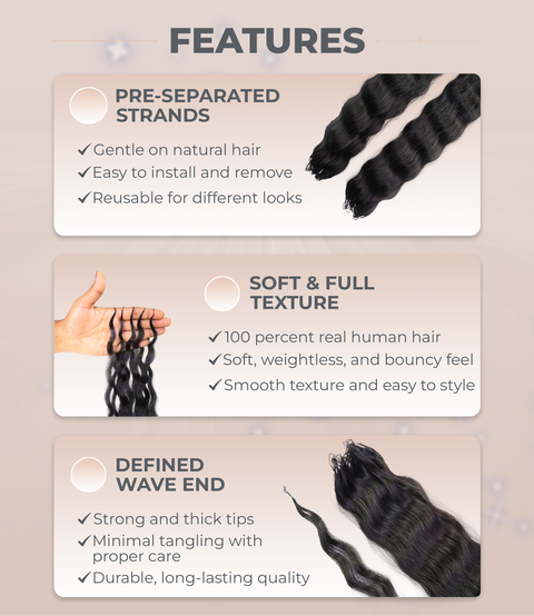 LUXLUXE Knotless Wet & Wavy Crochet Human Hair Extensions - Natural Black 14" 40g 16" 45g & 18" 50g Pre Separated 40 Strands Feather Hairpiece With String In The Middle Braid