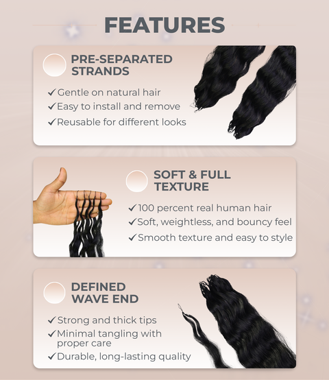 LUXLUXE Knotless Wet & Wavy Crochet Human Hair Extensions - Natural Black 14" 40g 16" 45g & 18" 50g Pre Separated 40 Strands Feather Hairpiece With String In The Middle Braid