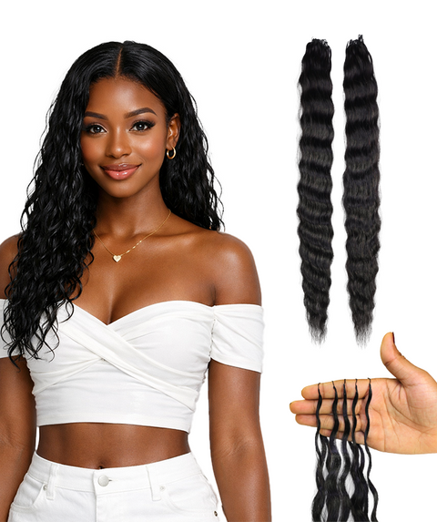 LUXLUXE Knotless Wet & Wavy Crochet Human Hair Extensions - Natural Black 14" 40g 16" 45g & 18" 50g Pre Separated 40 Strands Feather Hairpiece With String In The Middle Braid
