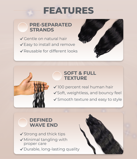 LUXLUXE Knotless Wet & Wavy Crochet Human Hair Extensions - Natural Black 14" 40g 16" 45g & 18" 50g Pre Separated 40 Strands Feather Hairpiece With String In The Middle Braid