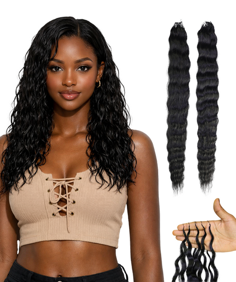 LUXLUXE Knotless Wet & Wavy Crochet Human Hair Extensions - Natural Black 14" 40g 16" 45g & 18" 50g Pre Separated 40 Strands Feather Hairpiece With String In The Middle Braid