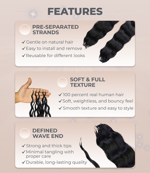 LUXLUXE Knotless Wet & Wavy Crochet Human Hair Extensions - Natural Black 14" 40g 16" 45g & 18" 50g Pre Separated 40 Strands Feather Hairpiece With String In The Middle Braid