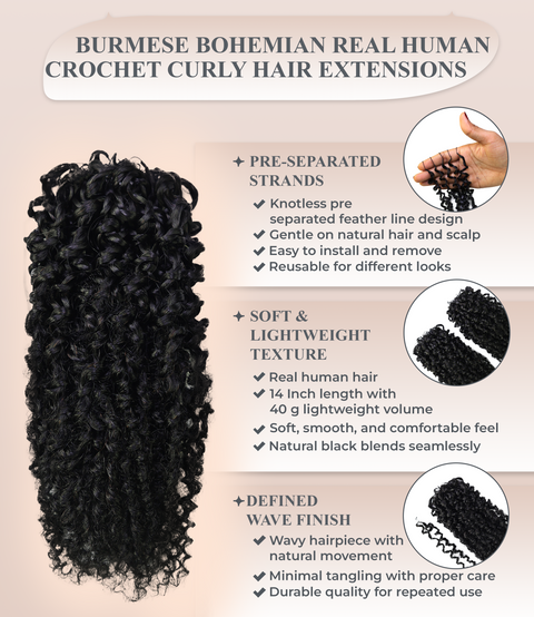 LUXLUXE Knotless Micro Yanky Curly Pre Looped Crochet Human Hair Extensions - Natural Black 14" 40g 16" 45g & 18" 50g Pre Separated 40 Strands Feather Protective Style