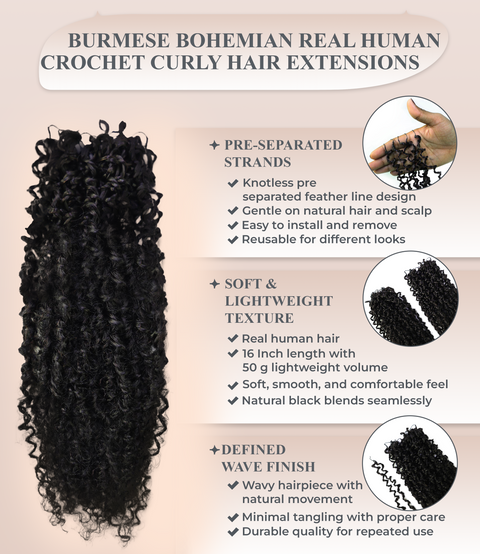 LUXLUXE Knotless Micro Yanky Curly Pre Looped Crochet Human Hair Extensions - Natural Black 14" 40g 16" 45g & 18" 50g Pre Separated 40 Strands Feather Protective Style
