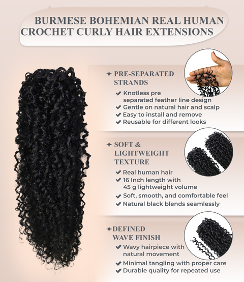LUXLUXE Knotless Micro Yanky Curly Pre Looped Crochet Human Hair Extensions - Natural Black 14" 40g 16" 45g & 18" 50g Pre Separated 40 Strands Feather Protective Style