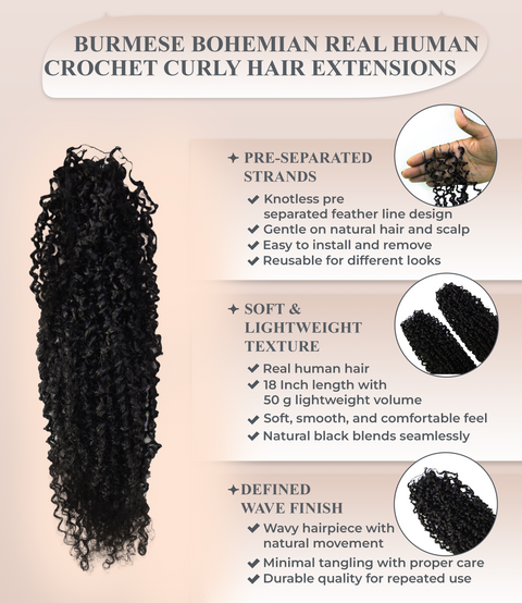 LUXLUXE Knotless Micro Yanky Curly Pre Looped Crochet Human Hair Extensions - Natural Black 14" 40g 16" 45g & 18" 50g Pre Separated 40 Strands Feather Protective Style