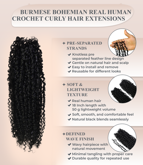 LUXLUXE Knotless Micro Yanky Curly Pre Looped Crochet Human Hair Extensions - Natural Black 14" 40g 16" 45g & 18" 50g Pre Separated 40 Strands Feather Protective Style