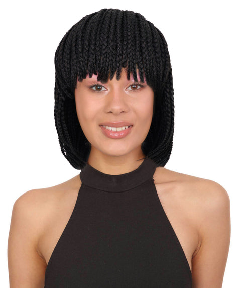 Riana Short Box Braided 10.5 Inch Full Wig with Bangs Sleek Black Synthetic Wigs for Women